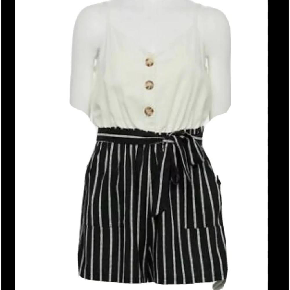 Lily Rose Paperbag Romper Black/White Stripe Size M Button Top.